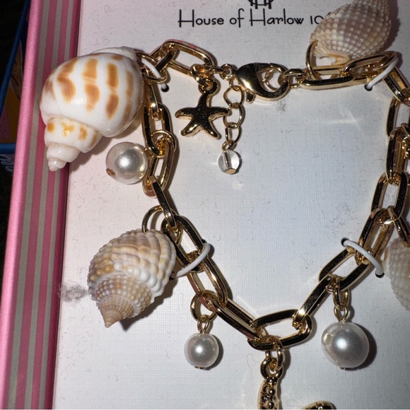 NIB House Of Harlow 1960 Natural Shells & Glass Bead Charm Link Bracelet Beach - Picture 2 of 4